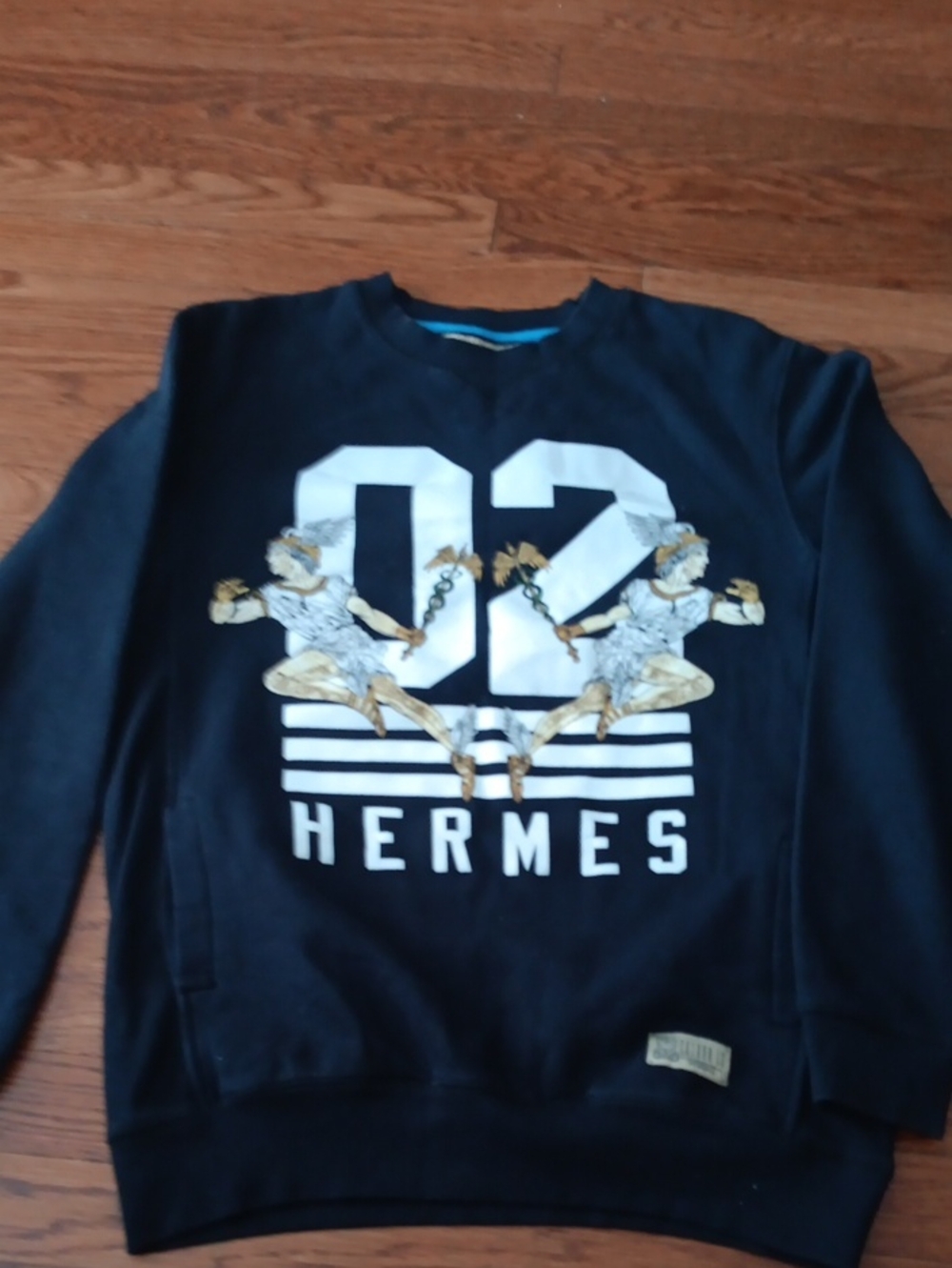 Hermes Navy Crewneck Sweatshirt with White '02' and Gold Accents